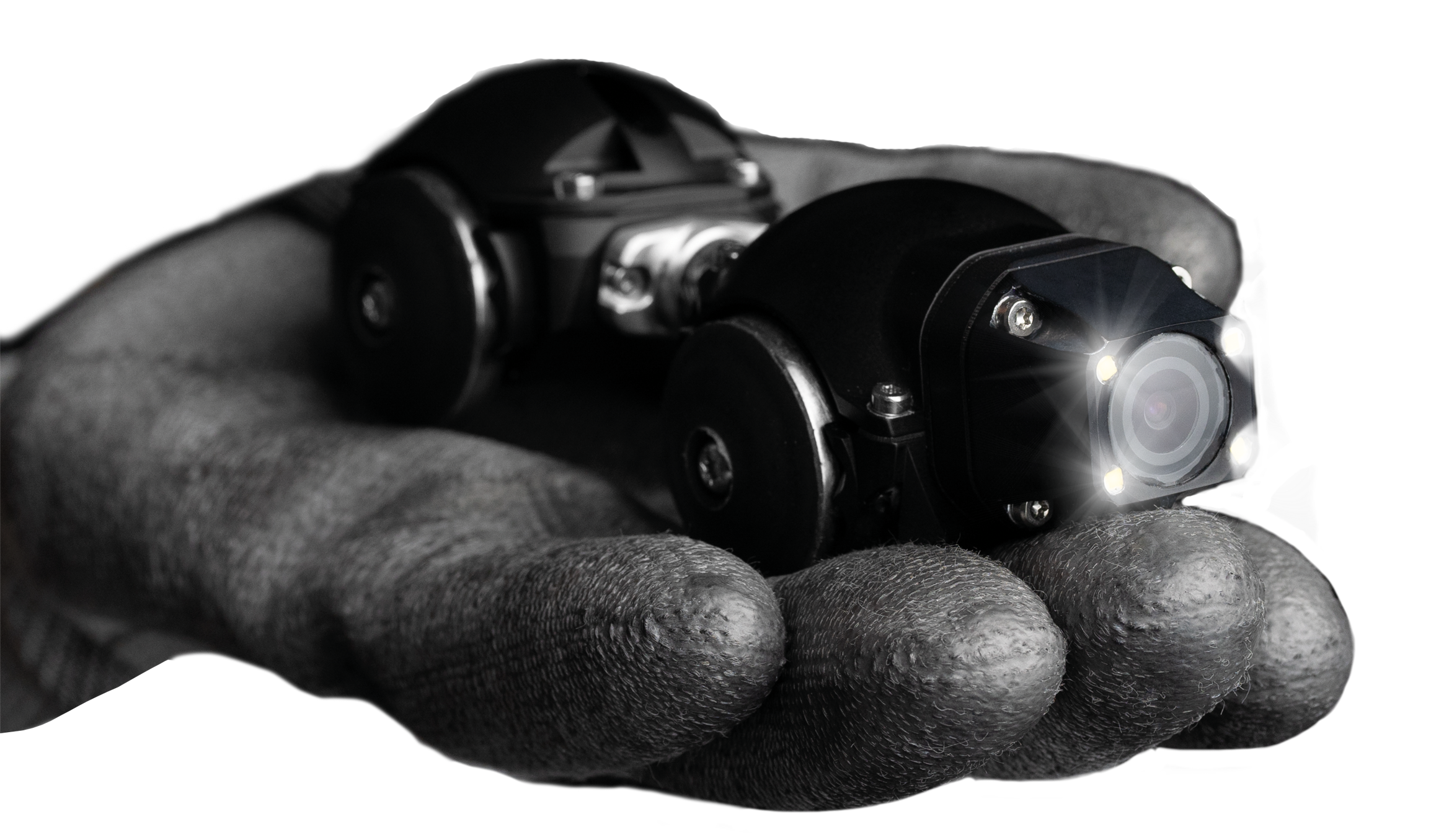 IPIDRO in Hand mit Licht an freigestellt Inspektionscrawler IPIDRO auf einer Hand